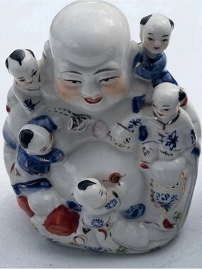 White and Blue Ceramic Buddha with Children Figurine - Decorative Home Art